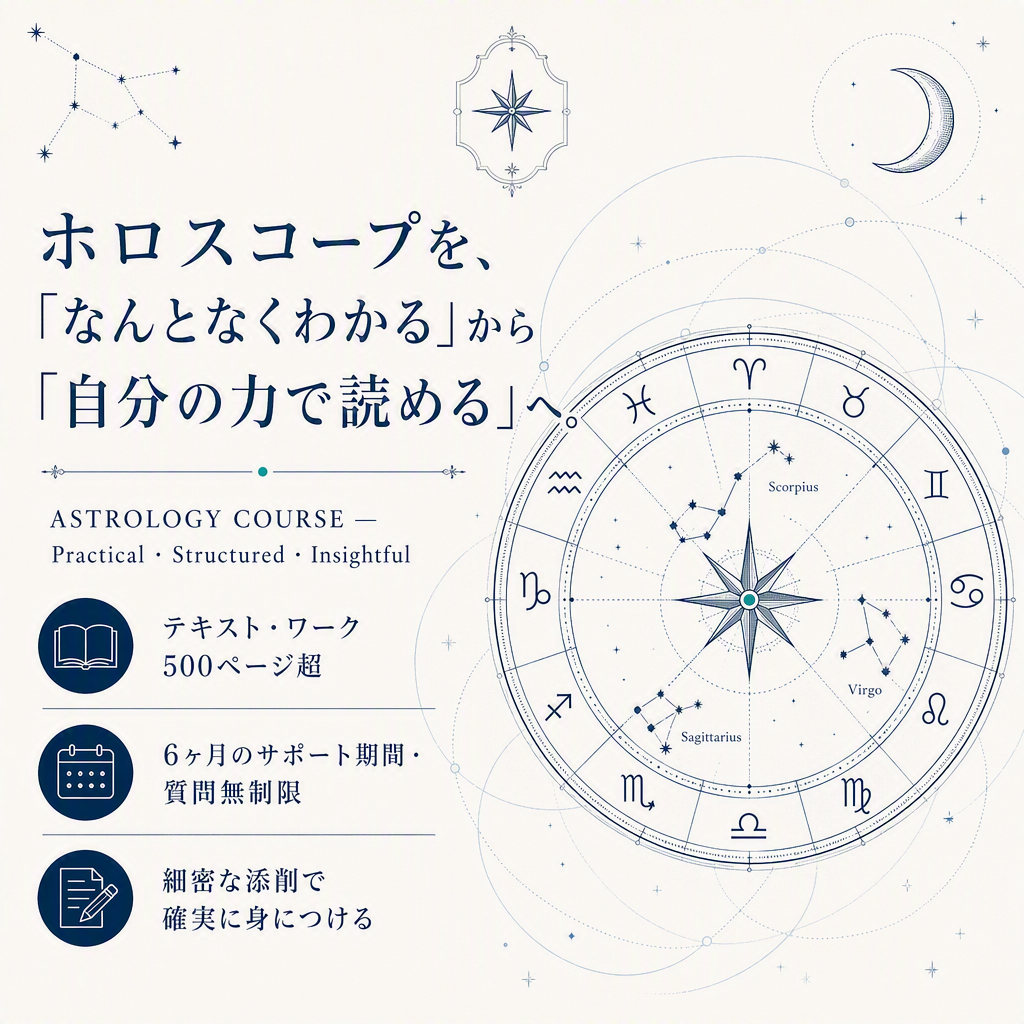 西洋占星術基礎講座｜ホロスコープを自在に、自分の言葉で読むための6ヶ月講座のカバー画像