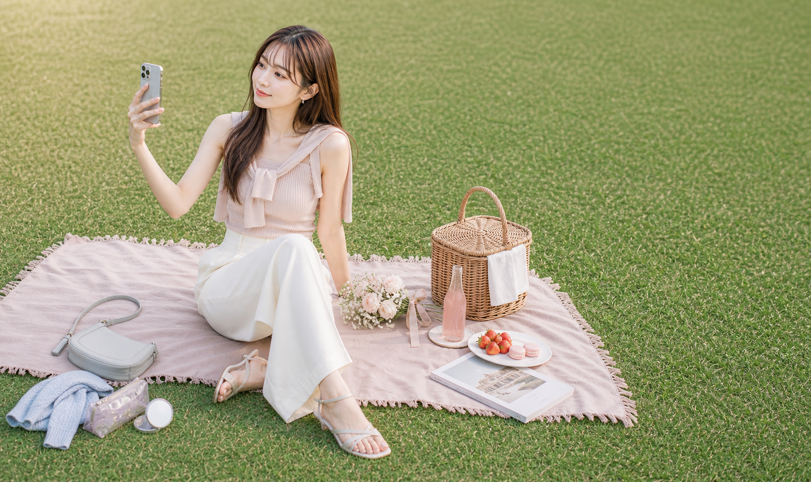 ピクニックでスマホ写真を撮る女性